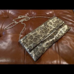 Embellished Gold Leopard Print Clutch with Removable Strap